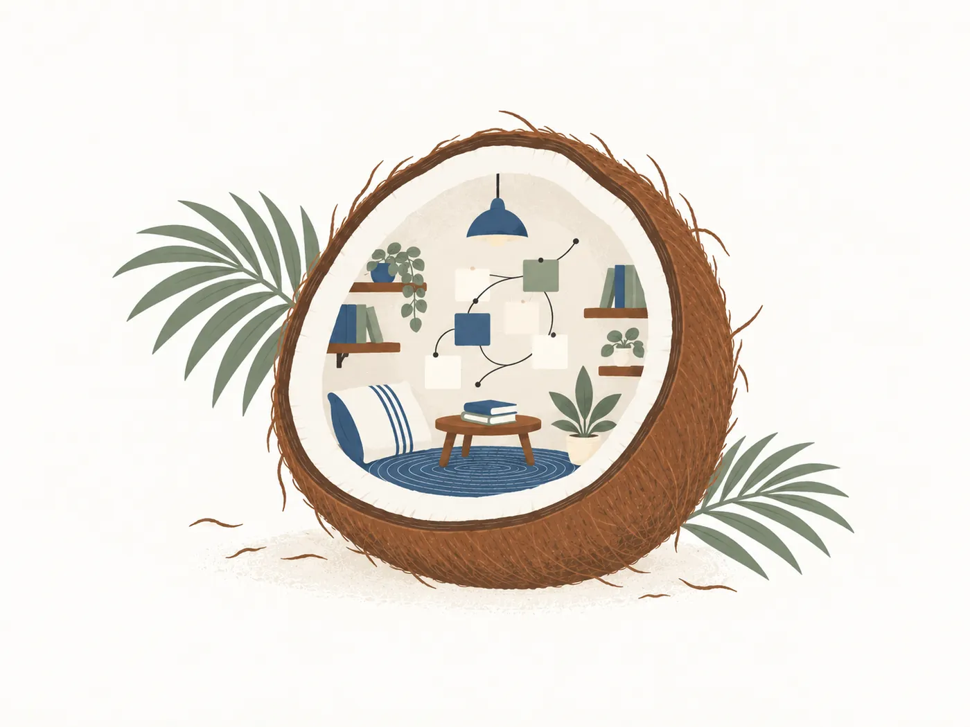 Illustratie van een kokosnoot met daarin een knusse mini-bibliotheek als tweede brein